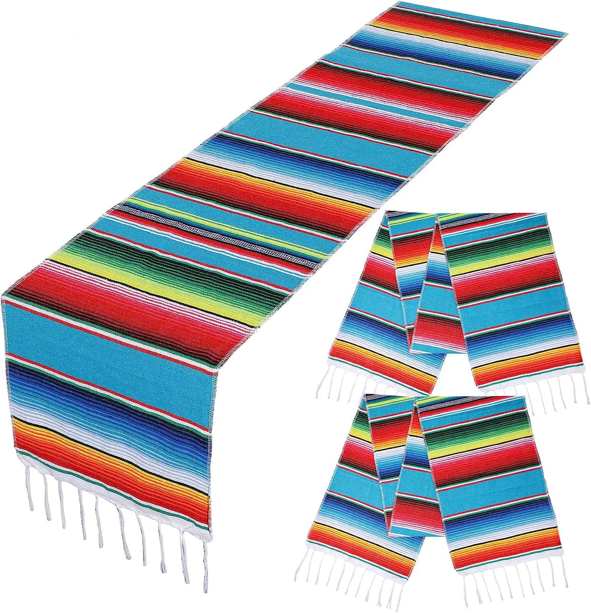 Vibrant Mexican Serape table runner featuring colorful stripes and decorative tassels