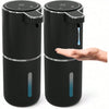 A black touchless automatic soap dispenser with a pump dispensing blue liquid.