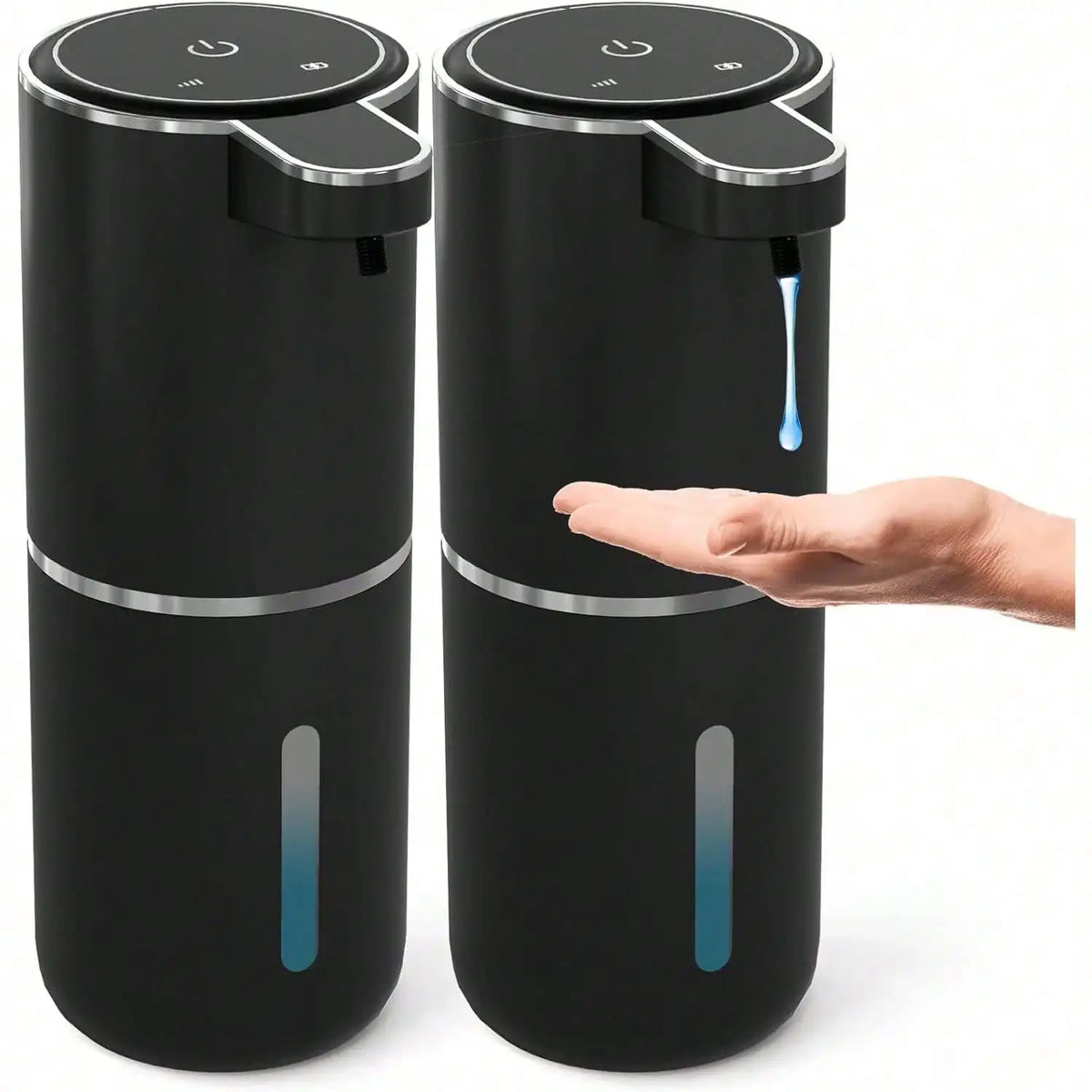A black touchless automatic soap dispenser with a pump dispensing blue liquid.