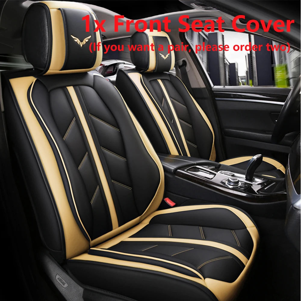 A set of black and tan car seat covers for a vehicle interior.