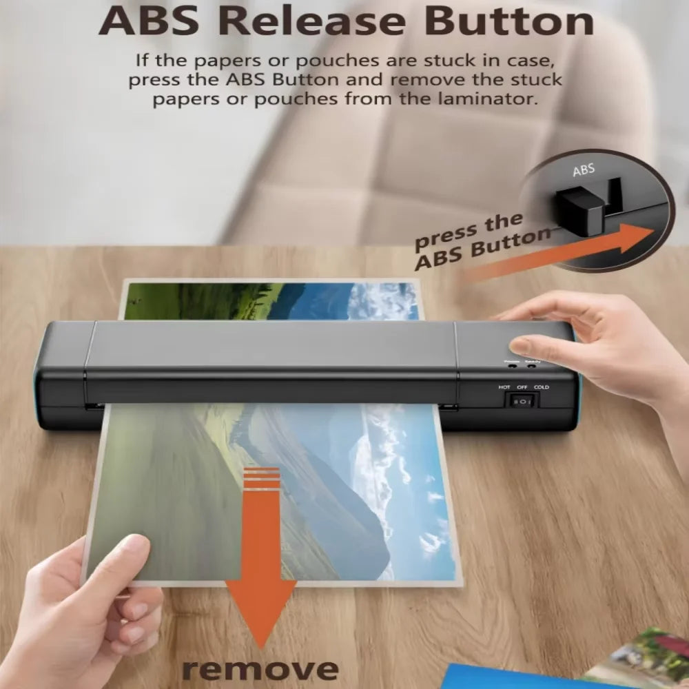 Eine Hand drückt die ABS-Freigabeschalttaste an einem 9-Zoll-Heiß- und Kaltlaminator, um klebenen Papier oder Beutel zu entfe