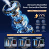 An ultrasonic humidifier device is shown with a blue light and mist, demonstrating instant purification.