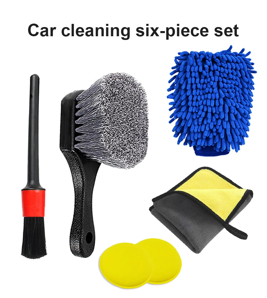 A six-piece car cleaning set including a black brush, a blue scrubbing brush, a yellow towel, and two yellow pads.