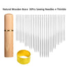 A set of 30 metal sewing needles and a thimble are displayed next to a natural wooden box.