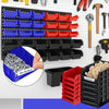 A set of 30 wall-mounted plastic storage bins in black and red for tools and hardware.