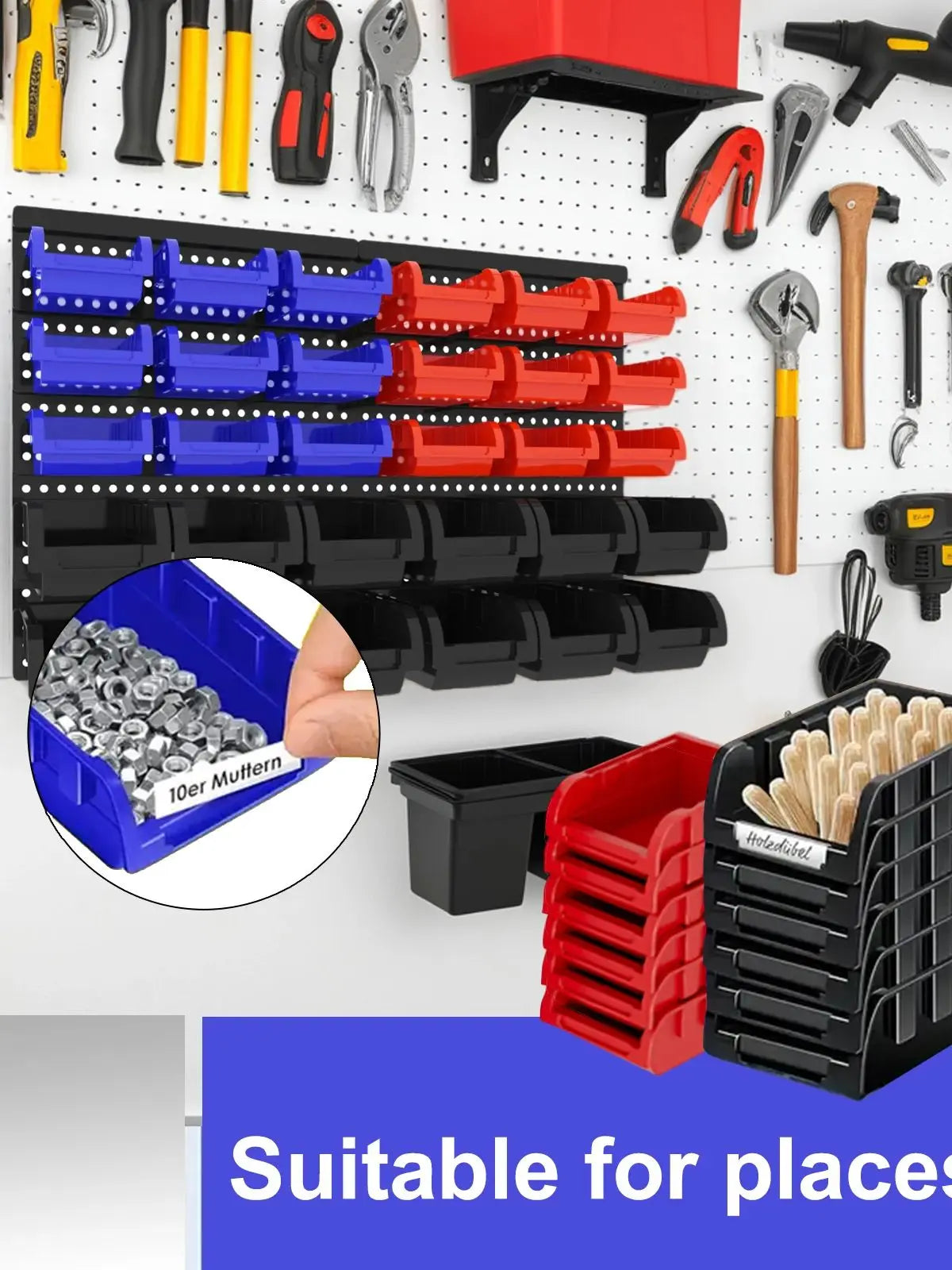 A set of 30 wall-mounted plastic storage bins in black and red for tools and hardware.