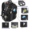 Black waterproof laptop backpack showing various compartments including pockets and a dedicated warehouse area