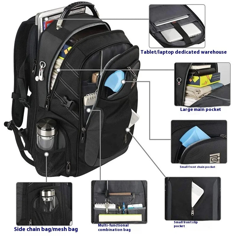Black waterproof laptop backpack showing various compartments including pockets and a dedicated warehouse area