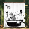 A black and white illustration of a skeleton skull inside a bathtub, used as a shower curtain.