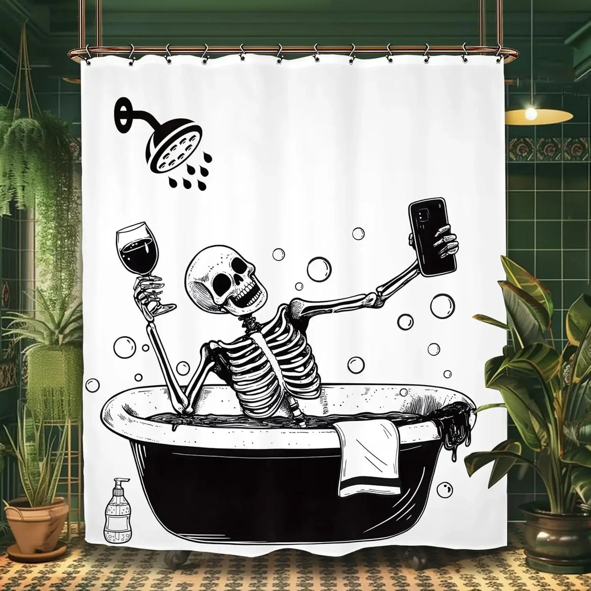 A black and white illustration of a skeleton skull inside a bathtub, used as a shower curtain.