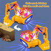 A yellow transparent gear excavator toy is shown hitting a wall and turning, with blue light beams emanating from it.