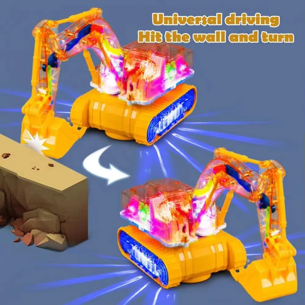 A yellow transparent gear excavator toy is shown hitting a wall and turning, with blue light beams emanating from it.