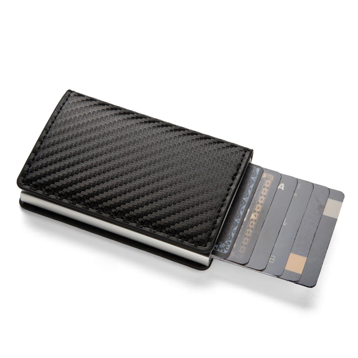 A black textured leather card holder with a silver trim displaying several cards.