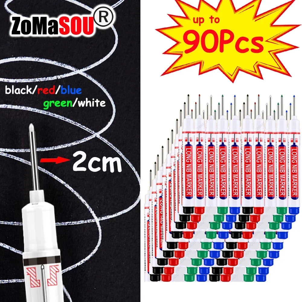 A set of long-head waterproof deep hole markers in black, red, blue, green, and white colors.
