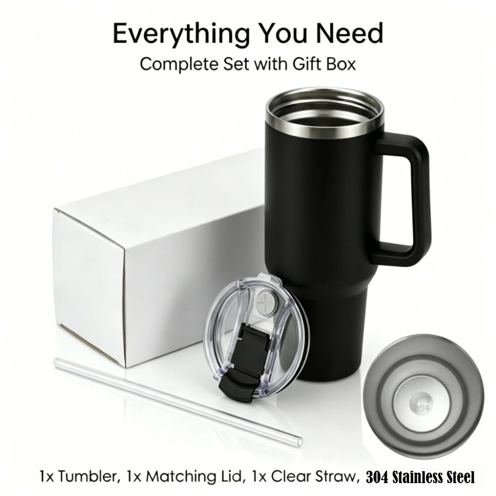 A black stainless steel tumbler, matching lid, and clear straw are displayed next to its box.