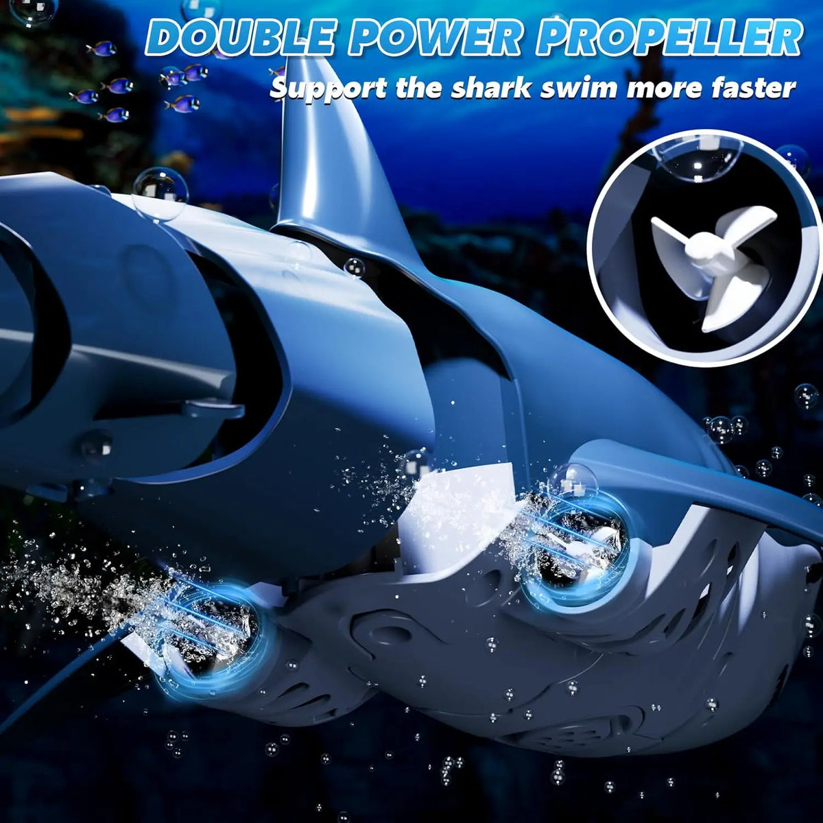Close-up of a blue remote control shark toy propeller system with water spray effects.