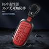 A red leather and metal key case designed for Jeep models, featuring a panic function.