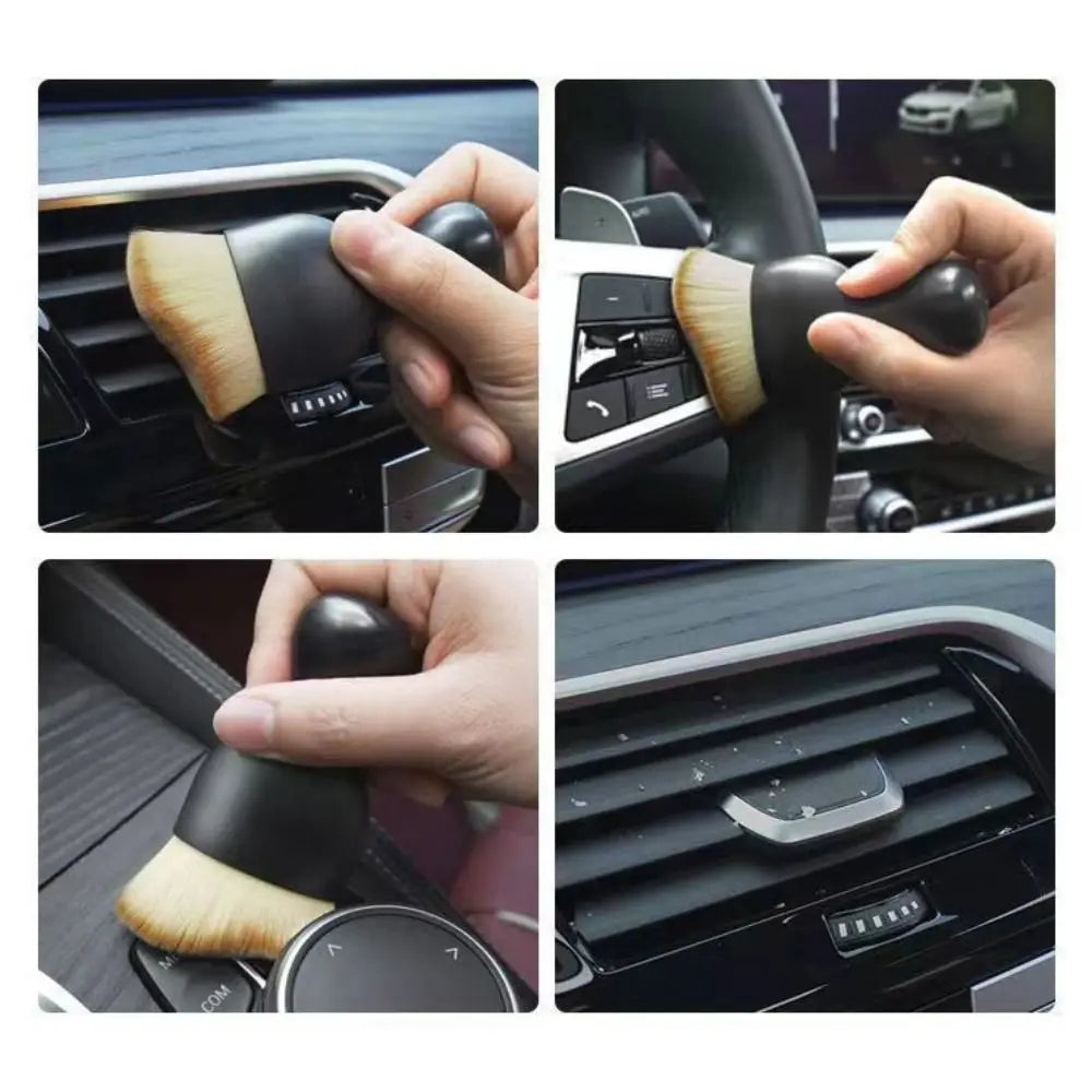 Close-up shots of an ultra-soft curved detailing brush being used on car vents, seats, and gaps.