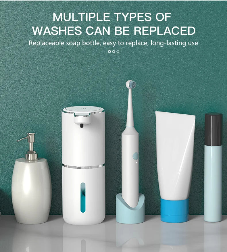A collection of multiple types of replaceable soap bottles and a touchless automatic soap dispenser in white and blue.