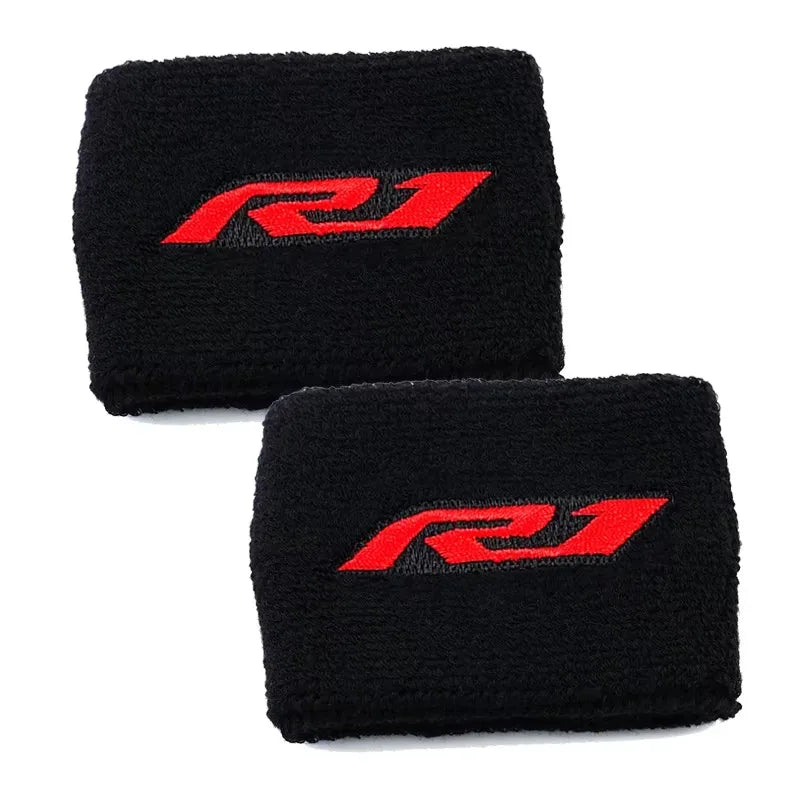 Black knitted cover sock with a red Yamaha R1 logo on the front