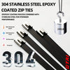 Black stainless steel epoxy coated zip ties with a metal hook and branding