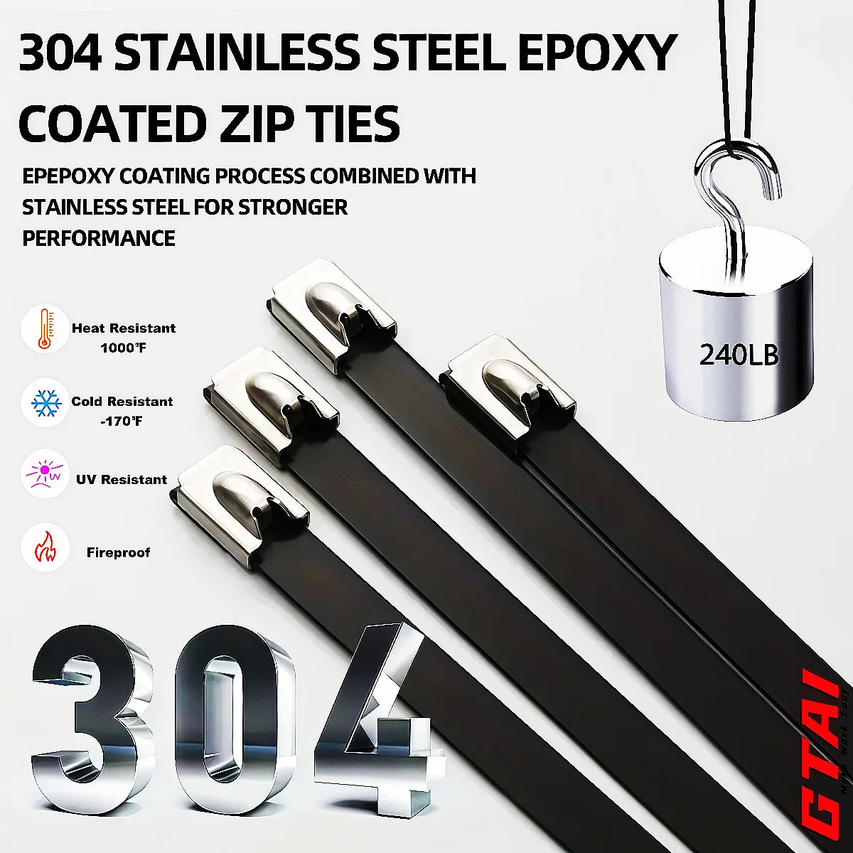 Black stainless steel epoxy coated zip ties with a metal hook and branding