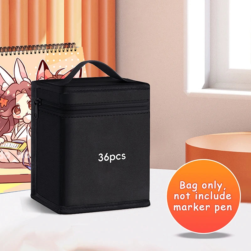 A black canvas pencil bag is shown on a white surface with an orange circle indicating it only includes the bag, not a marker