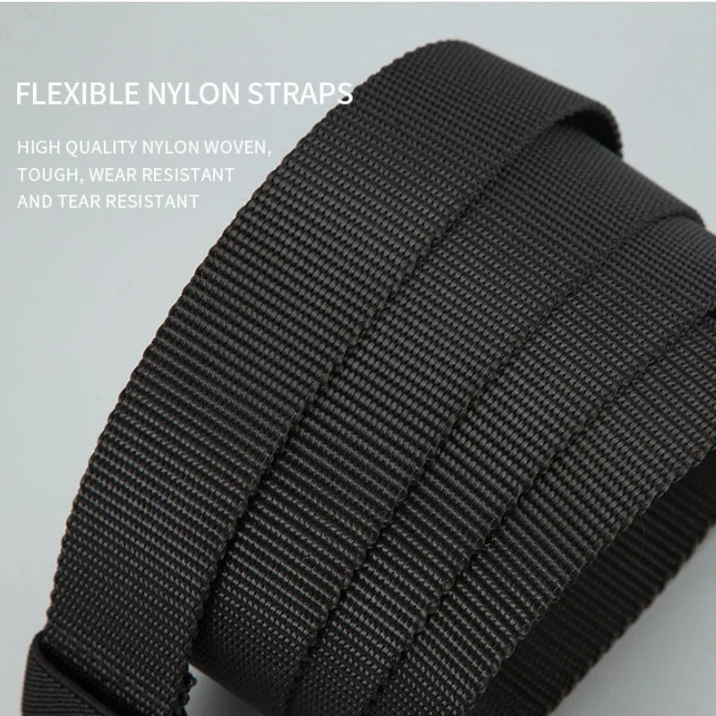 Black flexible nylon straps for a tactical belt featuring a secure metal buckle.
