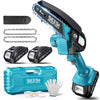 A cordless mini chainsaw tool kit featuring a saw, battery, and protective gloves.