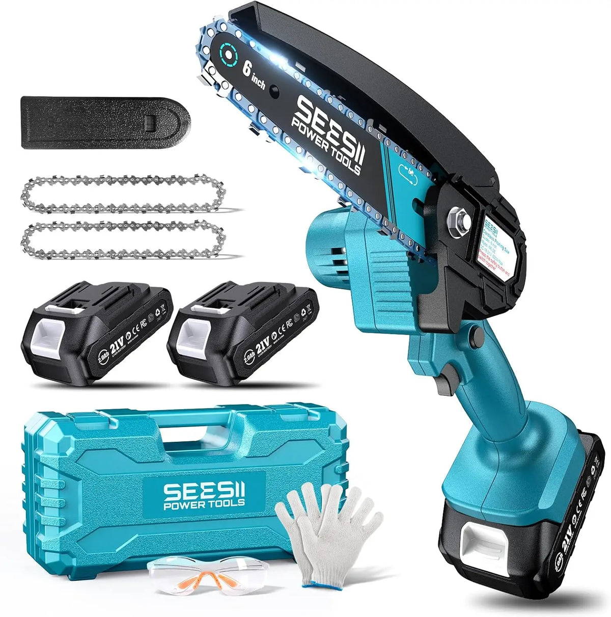 A cordless mini chainsaw tool kit featuring a saw, battery, and protective gloves.