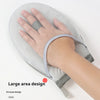 A hand is resting on a gray mesh ironing board glove, demonstrating a large area design.