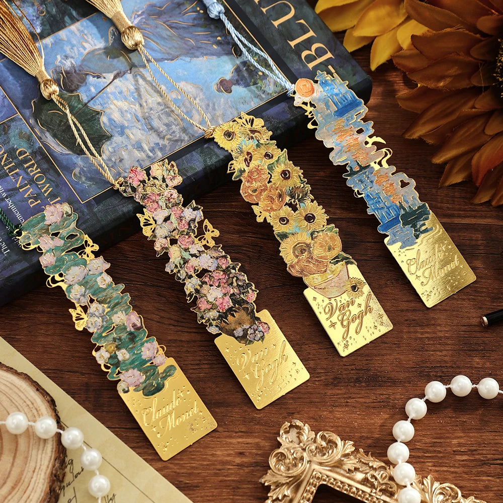 Vintage metal bookmark with artistic hollow design featuring floral elements and a gold-toned tassel