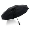 A black double-layer windproof umbrella is shown open against a white background.