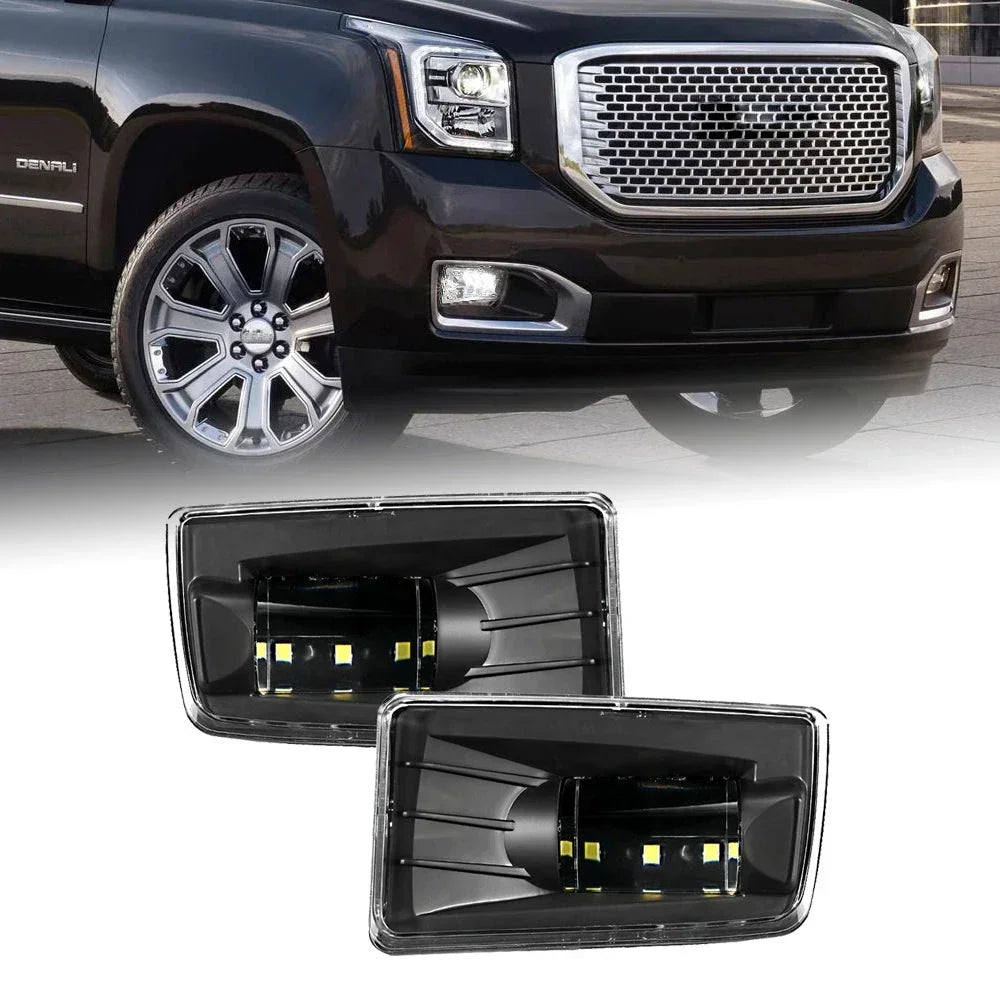 Close-up view of an LED fog light assembly for Chevy Silverado, Tahoe, Suburban & GMC Yukon.