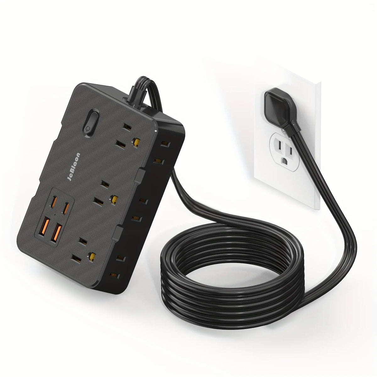 A black flat power strip with six outlets and four USB ports connected by a long black cord.