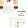 A set of white waterproof geometric table runners and placemats with gold cutlery displayed on a wooden table.