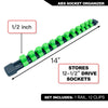 ABS socket organizer rail with 1/2 inch sockets and 12 clips for drive sockets