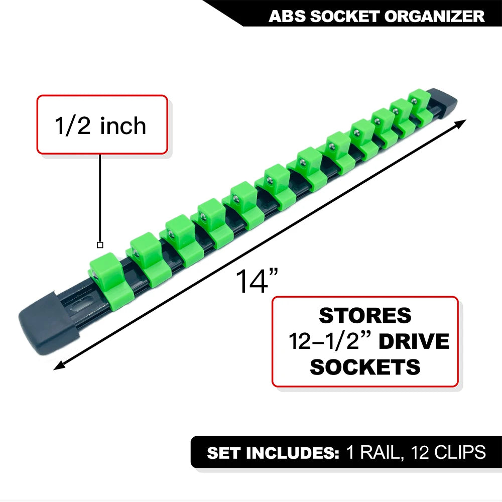 ABS socket organizer rail set with 12 clips for storing 1/2 inch drive sockets