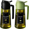 A dark green glass bottle of extra virgin olive oil with a black dispenser and a light green sprayer top.