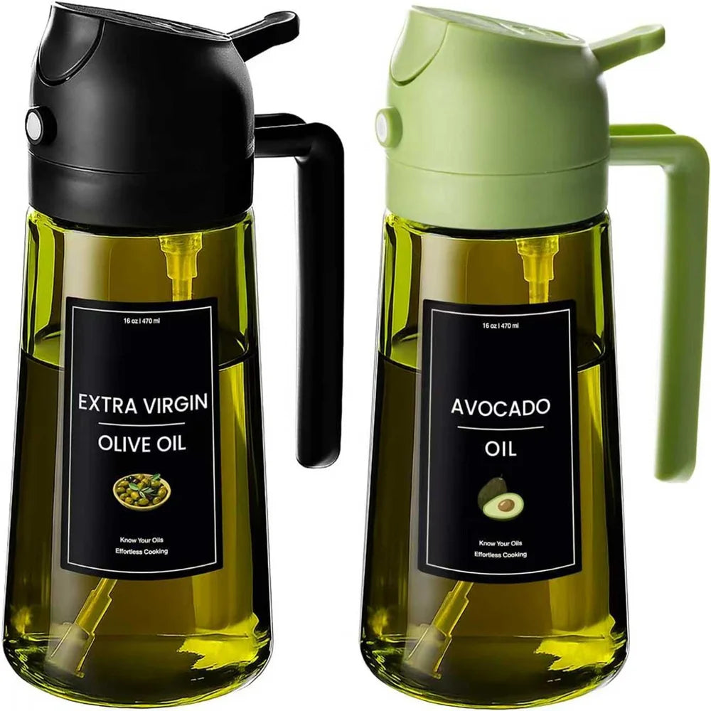 A dark green glass bottle of extra virgin olive oil with a black dispenser and a light green sprayer top.