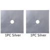 Two square silver metal stove burner mats, each with a circular hole.
