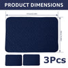 A set of three dark blue quilted headrest protector covers with dimensions 57cm by 38cm.