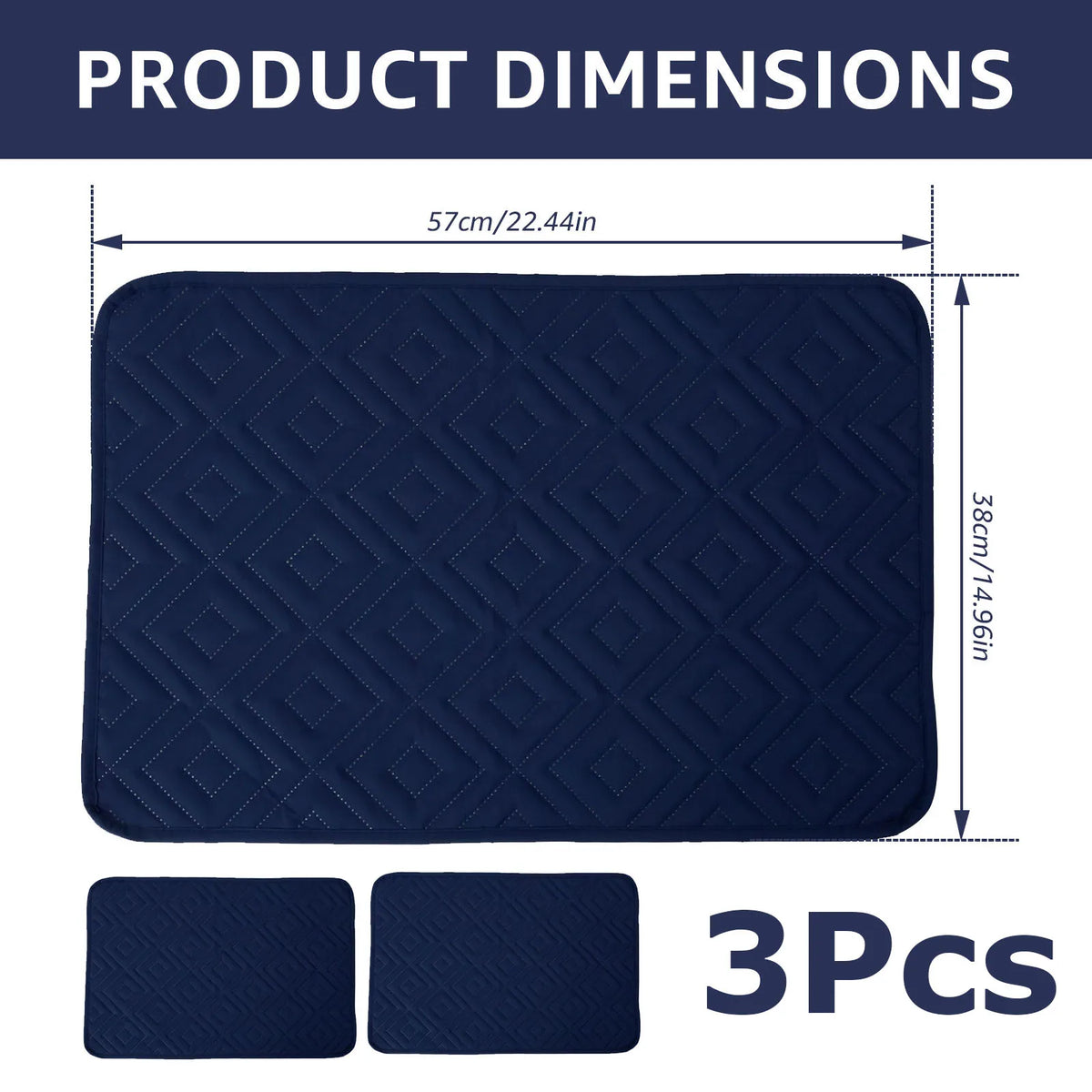 A set of three dark blue quilted headrest protector covers with dimensions 57cm by 38cm.