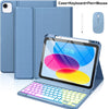 A blue multi-angle keyboard case for an iPad, shown with a keyboard, pen, and mouse.