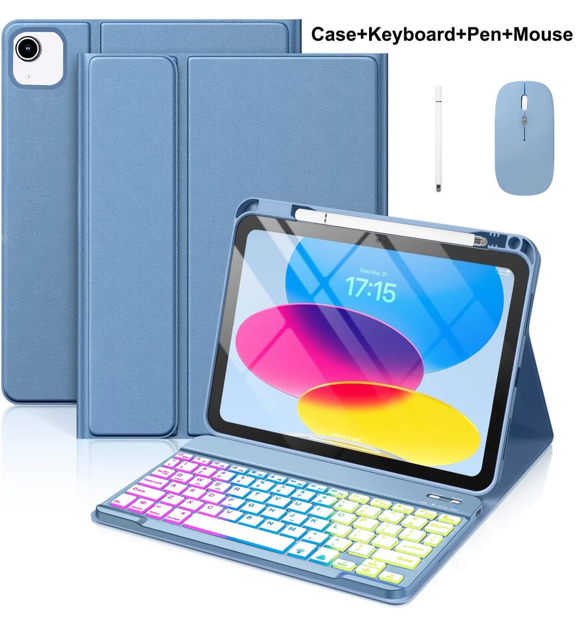 A blue multi-angle keyboard case for an iPad, shown with a keyboard, pen, and mouse.