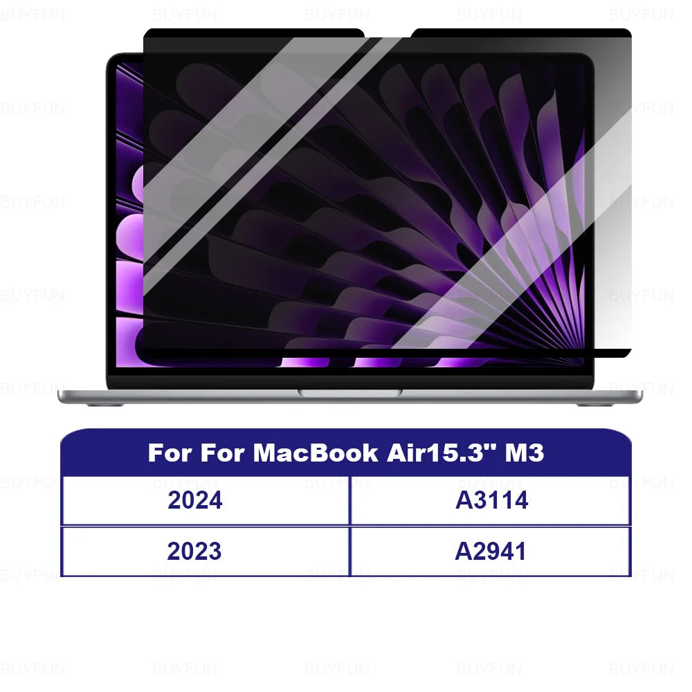 Magnetic privacy screen protector for a MacBook Air 15.3" M3 with different model years and part numbers listed.