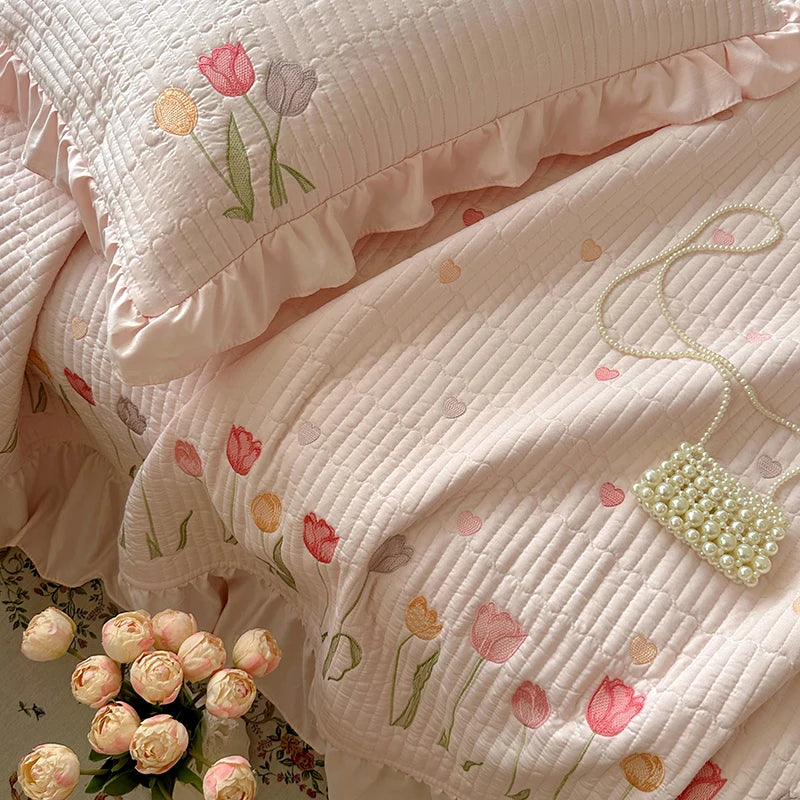 Embroidered Tulip Coverlet Set with Pillow Shams