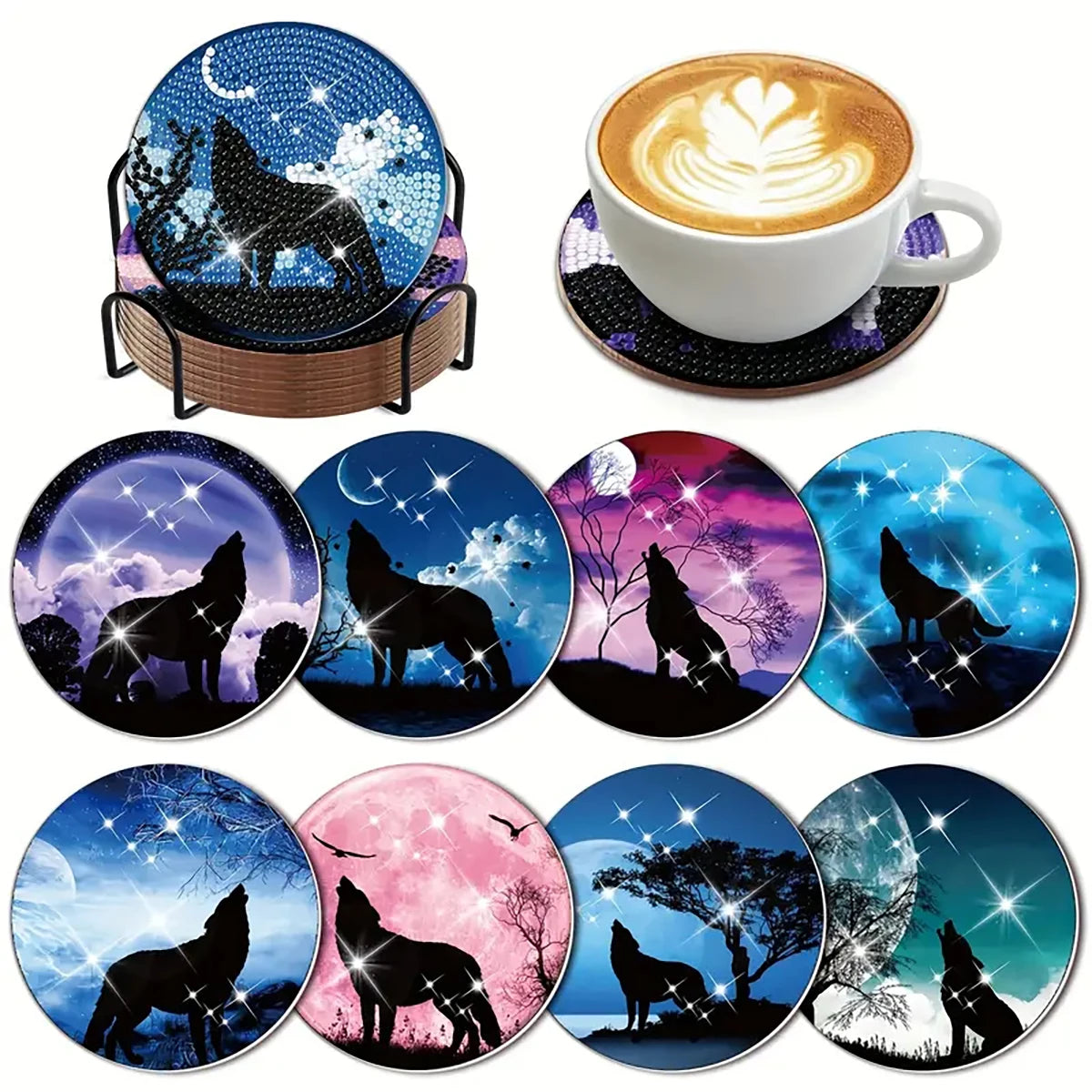 A set of DIY diamond painting coasters featuring silhouettes of wolves and other wildlife on a metal holder.