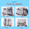 Four folding methods shown for a gray and white hanging diaper storage organizer.