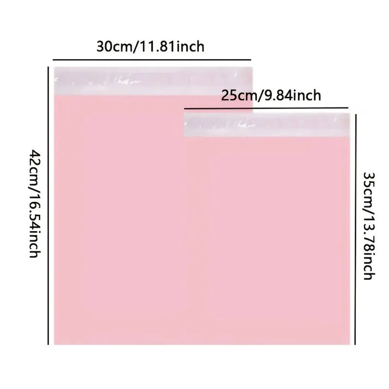 Pink self-adhesive waterproof mailing bags shown with dimensions 30cm by 42cm.